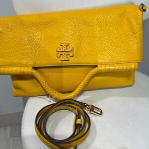 Tory Burch Bright Yellow Fold-Over Leather Clutch with Strap